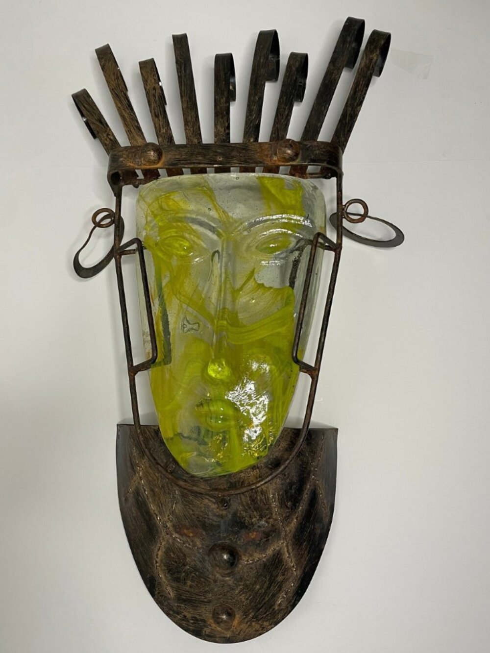 Jaramillo Brothers "Sky Dreamer" Glass Mask Candle Sconce - Brutalist Metal Wall